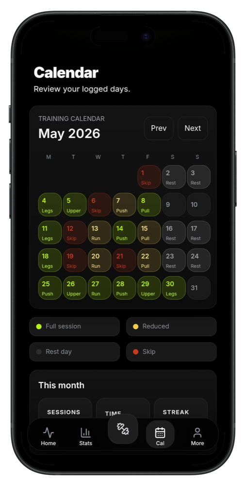 Gymerium training calendar showing completed and scheduled workouts