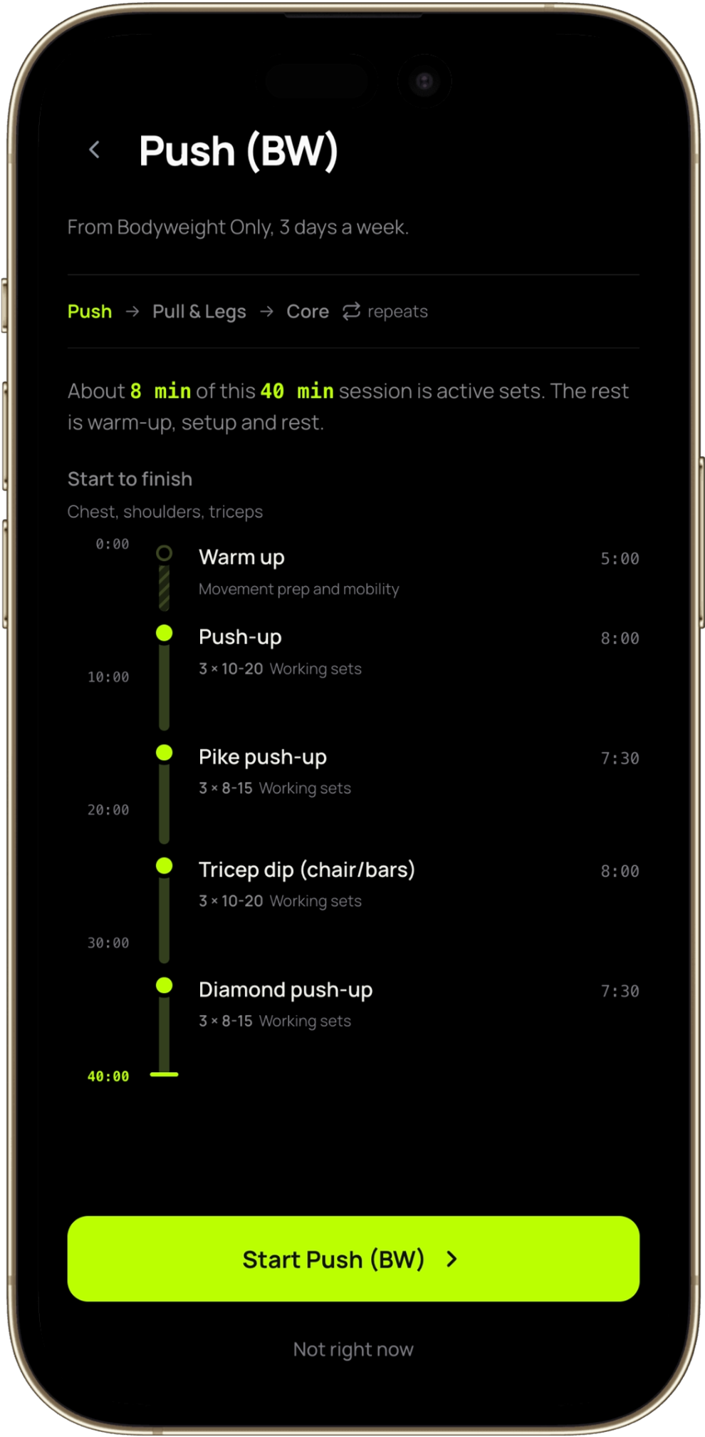 Gymerium Push bodyweight workout overview showing a three-day routine